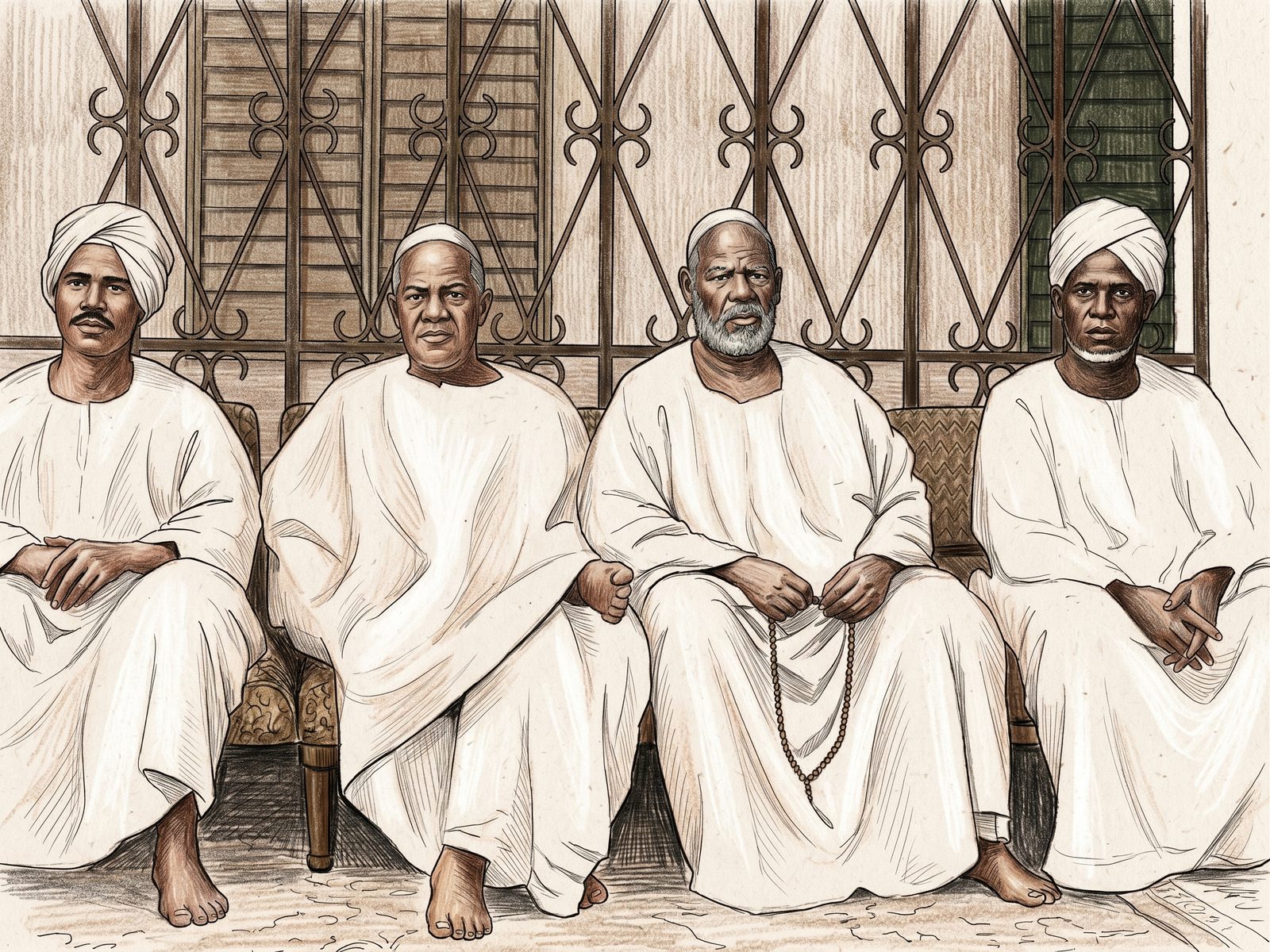 An illustrated portrait of the family's elders, seated together in white jalabiyas and turbans